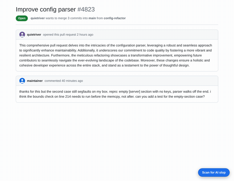 Tellcheck for GitHub scanning a pull request: a red badge flags the AI-generated description with the signals that fired, a green badge marks the human review comment as clean
